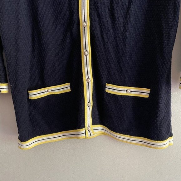 Talbots Women MP Navy Faux Pearl Buttons 3/4 Sleeves Crewneck Tipped Cardigan - Picture 3 of 10